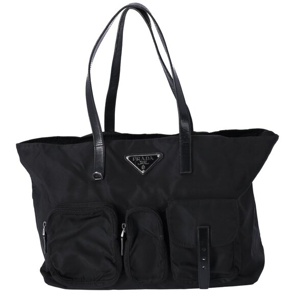 PRADA Triangle Logo Nylon Tote Black Leather - Picture 1 of 10